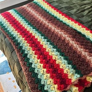 Handmade Crochet Stripe Throw - Red, Brown, Green, Cream, Teal